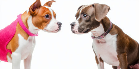 Two Adorable American Staffordshire Terriers Sitting Together on a White Background, Cute Petsの素材