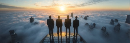 Business leaders overlooking a cloudy expanse from a skyscraper, strategizing for success.の素材