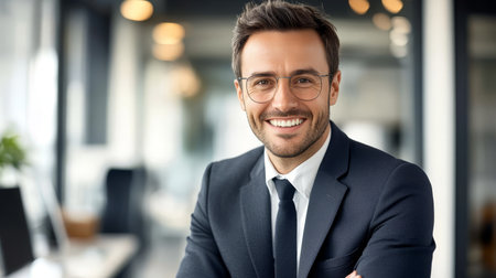 Smiling young business man with glasses in a modern office, exuding confidence and professionalism.の素材