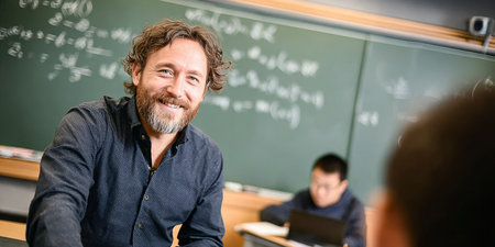 Mathematics Professor Leading Engaging College Class with Complex Equations on Chalkboardの素材