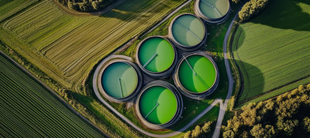 Aerial view of a biogas plant surrounded by ploughed agricultural fields in bright daylight.の素材