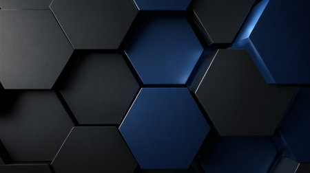 Abstract Geometric Background Featuring Dark Grey and Blue Hexagons with Cellular Texture Designの素材
