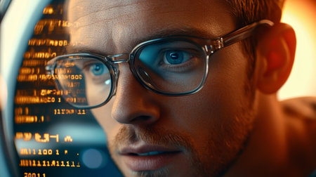 Focused coder immersed in cybersecurity and data analysis, coding with glasses and deep focus.の素材