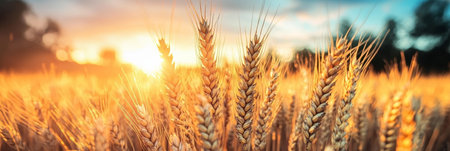 Stunning Sunrise Over Wheat Field, Golden Light Illuminates Ripening Crops in Serene Countrysideの素材