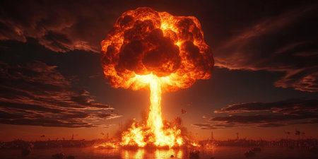 Catastrophic Mushroom Explosion over Urban Skyline, Depicting Atomic Chaos and End of Worldの素材