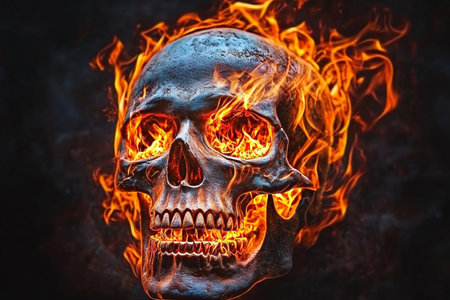 Inferno Skull A Fiery Skull Head Surrounded by Flames and Glowing Eyes for Stunning Artworksの素材