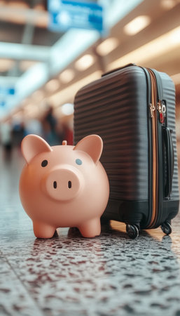 Charming Pink Piggy Bank Surrounded By Travel Essentials For Budgeting And Saving For Adventureの素材