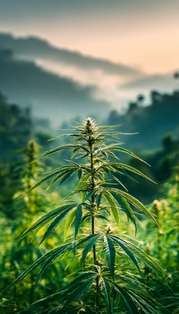 Vibrant Cannabis Sativa Plants in a Sunny Farm Field, Showcasing Herbal Medicine Potentialの素材
