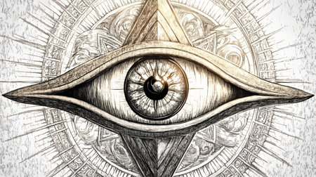 Intricate All Seeing Eye Illustration with Occult Geometry, Light Rays, and Spiritual Symbolismの素材