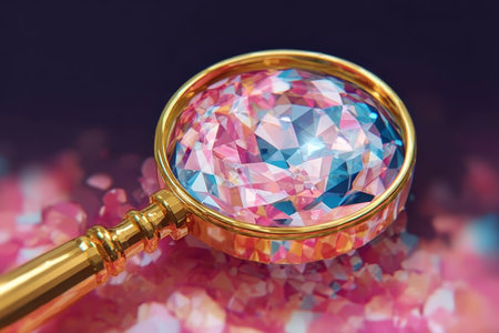 Magnifying Glass Reveals Stunning Polygonal Gemstone Beauty in Vibrant Colors and Intricate Facetsの素材