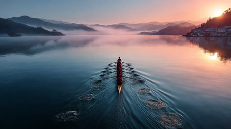 Synchronized Rowers in Perfect Harmony Glide Across a Serene Lake at Dawn, Embracing Nature s Beautyの素材
