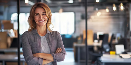Confident European Businesswoman in Modern Office, Smiling with Leadership and Professionalismの素材
