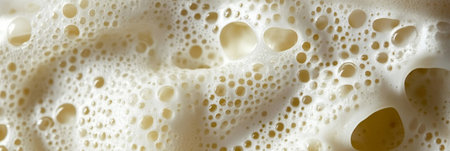 Close-Up of Foamy Liquid with Bubbles and Light Reflections, Showcasing an Energetic Surface Textureの素材