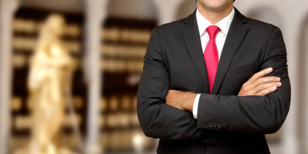 Professional Law Attorney in Suit with Library Statue in Background, Symbolizing Justice and Successの素材