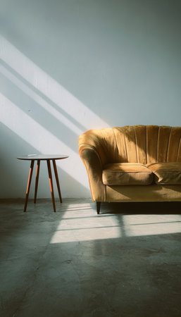 Minimalist Interior with a Golden Sofa, White Walls, Concrete Flooring, and Beautiful Light Playの素材
