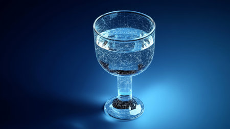 Futuristic Low Poly Water Goblet with Liquid Element on Dark Background, 3D Rendered Visualizationの素材