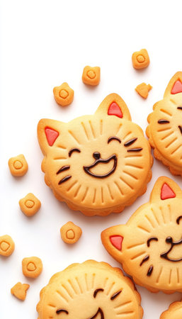 Delicious Cat-Shaped Cookies With Cheerful Smiling Faces, Isolated On A White Backgroundの素材