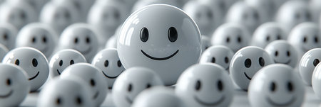 Optimistic Smileys A Vibrant Crowd of Shiny, Spherical Characters Celebrating Joy and Individualityの素材