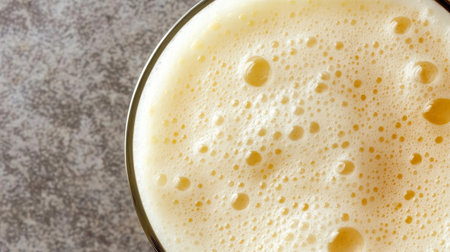 Foamy Delight Close-Up of Creamy Dairy Beverage with Natural Bubbles and Rich Richnessの素材