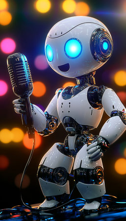 Futuristic White Robot Singing Into Vintage Microphone Under Glowing Neon Lights, Art and Technologyの素材