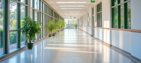 Bright and Inviting Medical Center Hallway with Natural Light for a Comfortable Patient Experienceの素材