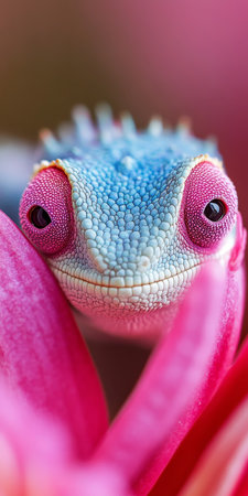 Whimsical Close Up of a Vibrant Blue Chameleon Surrounded by Soft Rosy Tones and Colorsの素材