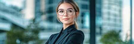 Confident career woman stands in modern city, embracing growth opportunities and success ahead.の素材