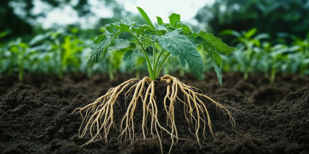 Vibrant Tomato Plant with Lush Green Leaves and Extensive Root System in Rich, Fertile Soil Belowの素材