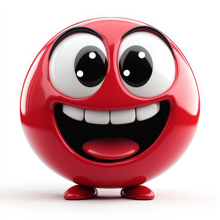 Vibrant 3D Rendering of a Joyful Red Emoji Mascot with a Huge Grin and Expressive Featuresの素材