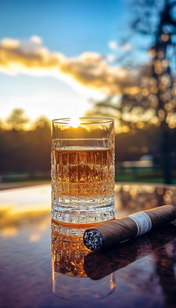 Elegant Relaxation with Whiskey and Cigar on Polished Table at Sunset, Ideal for Leisure Momentsの素材