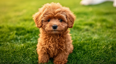 Adorable Cavoodle Puppy Joyfully Sits in Lush Green Grass, Radiating Sweetness and Charmの素材
