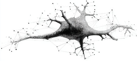 Abstract Neuron Cell Illustration in Low Poly Style with Black Lines on White Backgroundの素材
