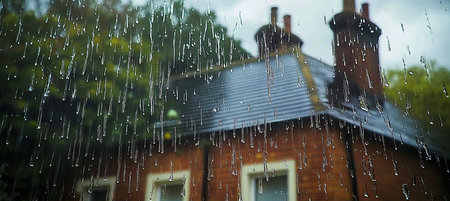 Serene Rainy Day Atmosphere View Through Window with Raindrops and Vintage House in Backgroundの素材