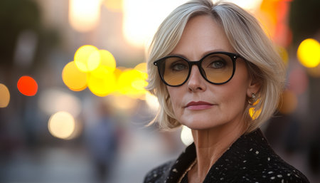 Elegant Elderly Woman in Trendy Eyewear Striking a Confident Pose Against a Cityscape Bokehの素材