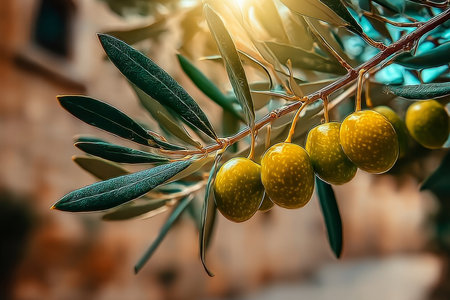 Close-up of Ripening Olives on a Branch in Sunlight, Showcasing Their Texture and Freshnessの素材