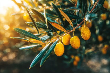 Lush olive branch heavy with ripe fruits gracefully swaying in a sun-drenched Mediterranean orchardの素材