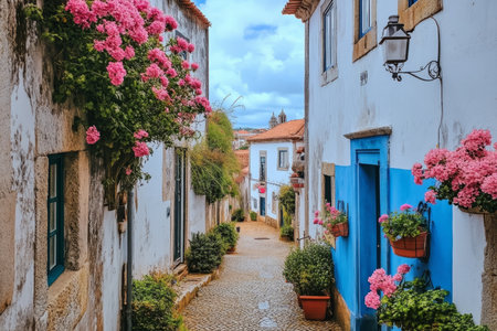 Charming Picturesque Alleyway in Obidos, Portugal, Filled with Flowering Plants and Historic Vibesの素材