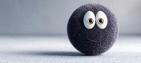 3D Dark Hairy Ball Character Expressing Happiness with Joyful Face in a Cool Backgroundの素材