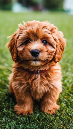 Adorable Cavapoo Puppy Sitting Playfully on Bright Green Grass in a Beautiful Spring Outdoor Settingの素材