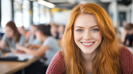 Portrait of a Beautiful Happy Student with Redhead Hair in Classroom Engaged in Learning Sessionの素材