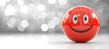 Cheerful 3D Face Sphere with Positive Emotions, Red Emoji Globe, and Sparkling Bokeh Backgroundの素材