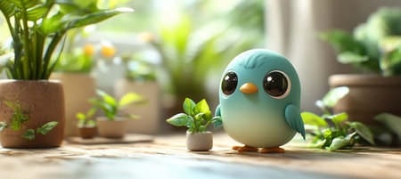 Cute teal emoji with plants, expressing happiness in a vibrant 3D rendered scene for plant lovers.の素材