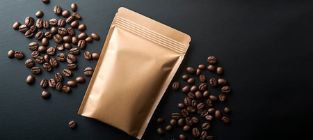 Elegant Presentation of Blank Kraft Paper Pouch Adorned with Coffee Beans, Dark Texture, Freshnessの素材