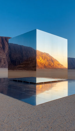 Mirrored Cube Artwork Reflecting the Breathtaking Desert Landscape in a Unique and Surreal Sceneの素材