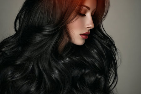 Stunning Model with Voluminous Black Hair and Shiny Glossy Waves, Exuding Beauty and Confidenceの素材