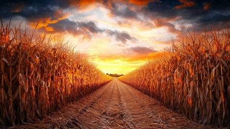 Golden Crops Under a Stunning Sunset A Peaceful Cornfield Landscape Bathed in Warm Light and Colorsの素材