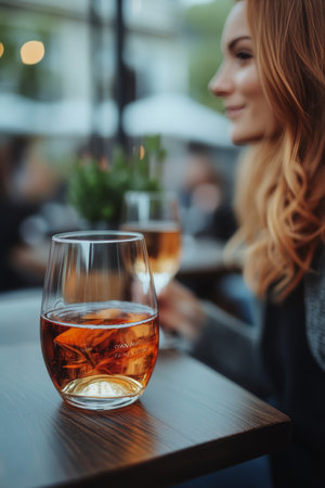 Sophisticated woman enjoying premium wine at an outdoor venue, celebrating the art of wine tasting.の素材