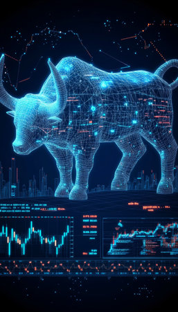 Dynamic Stock Market Trends Illustrated Digital Bull, Candlestick Chart, and Financial Data Glowsの素材