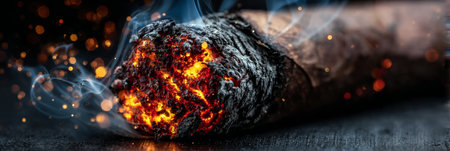 Intense Macro Shot of a Burning Cigar with Glowing Ember, Rising Smoke, and Detailed Ash Textureの素材