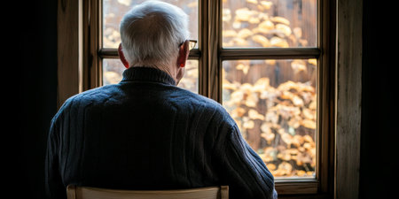 Senior man gazing thoughtfully from the window, reflecting on life as autumn leaves gently fall.の素材